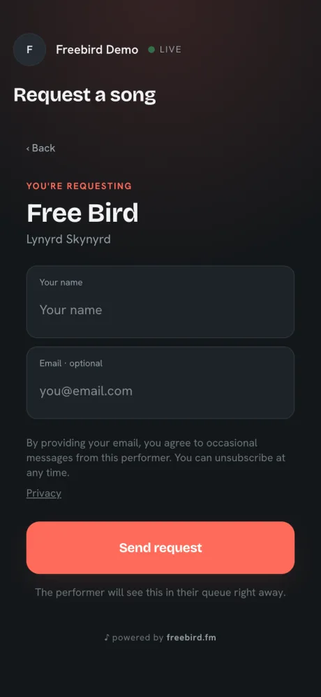 The request sheet open on a guest phone, with the song request and a tip amount ready to send together