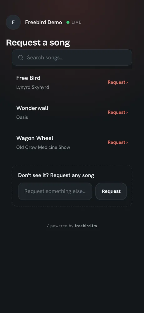 A guest's phone showing a performer's song list, ready to tap a song to request it