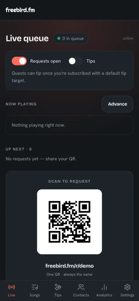 The live queue screen showing incoming song requests arriving in real time during a set